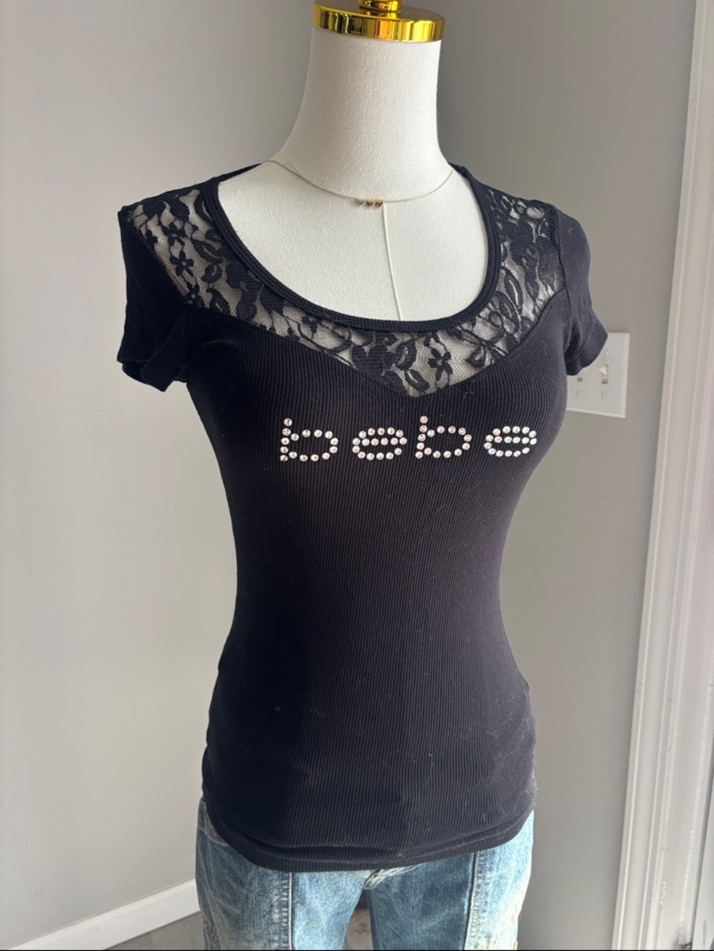 bebe Black Lace Yoke Short Sleeve Tee with Rhinestone Logo